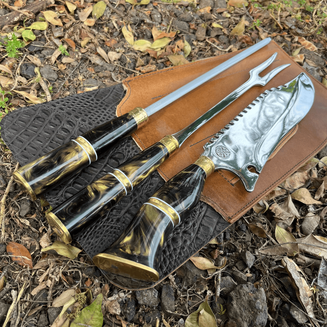 Kit Churrasco 3 Peças - Cabo Ouro Negro + Bainha