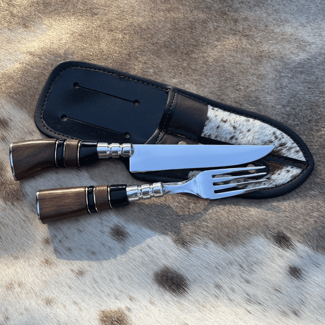 Kit Faca e Garfo Campeiro Marrom + Bainha