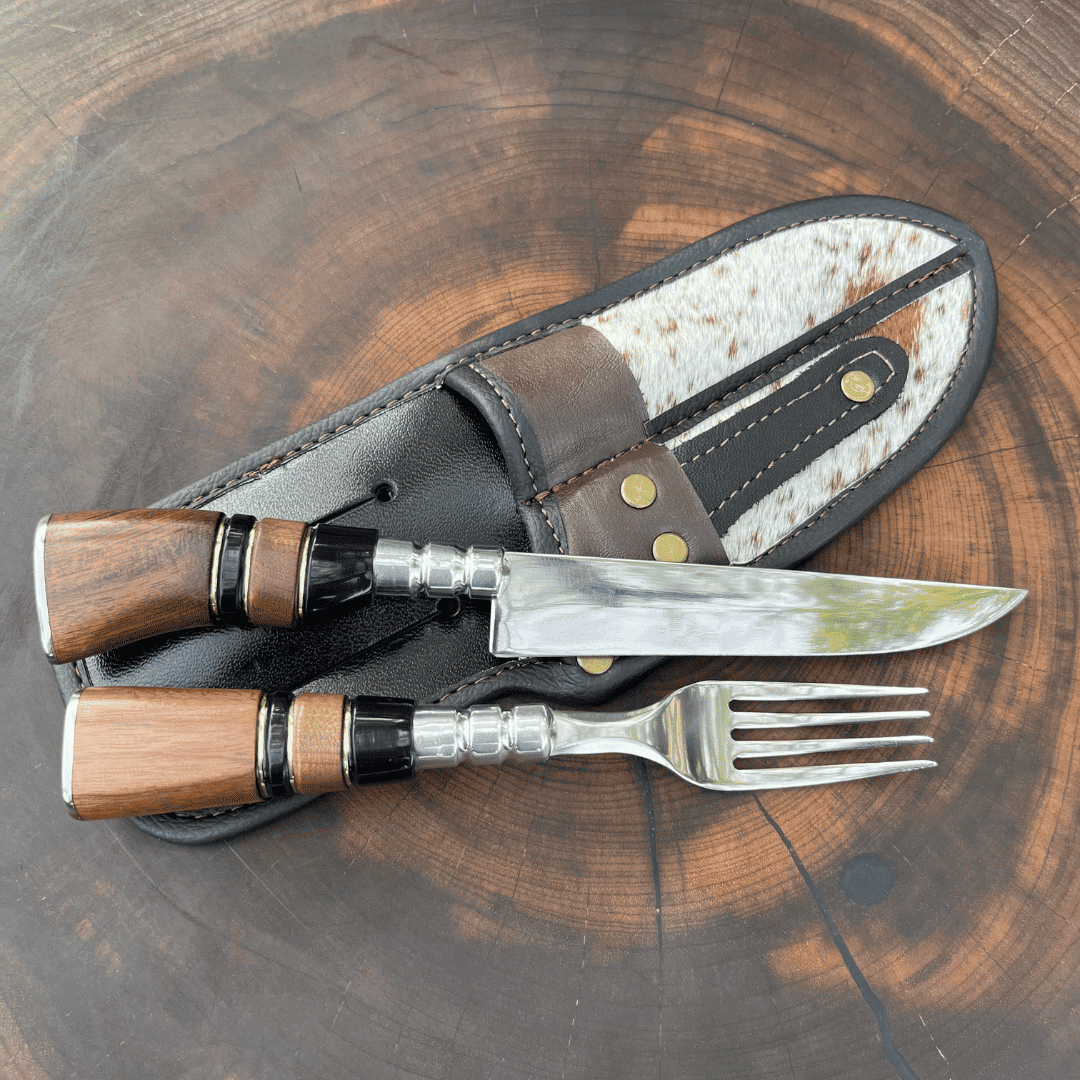 Kit Faca e Garfo Campeiro Marrom + Bainha