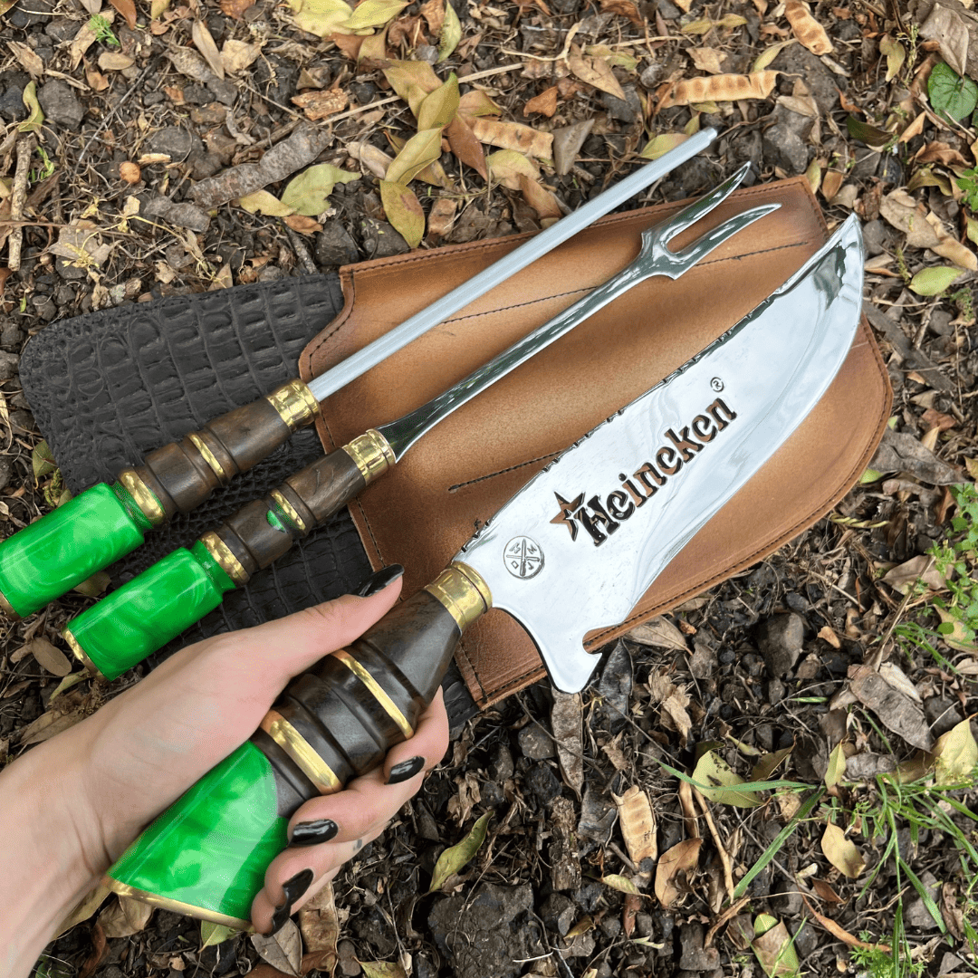 Kit Churrasco 3 Peças - Cabo Relíquia Esmeralda + Bainha