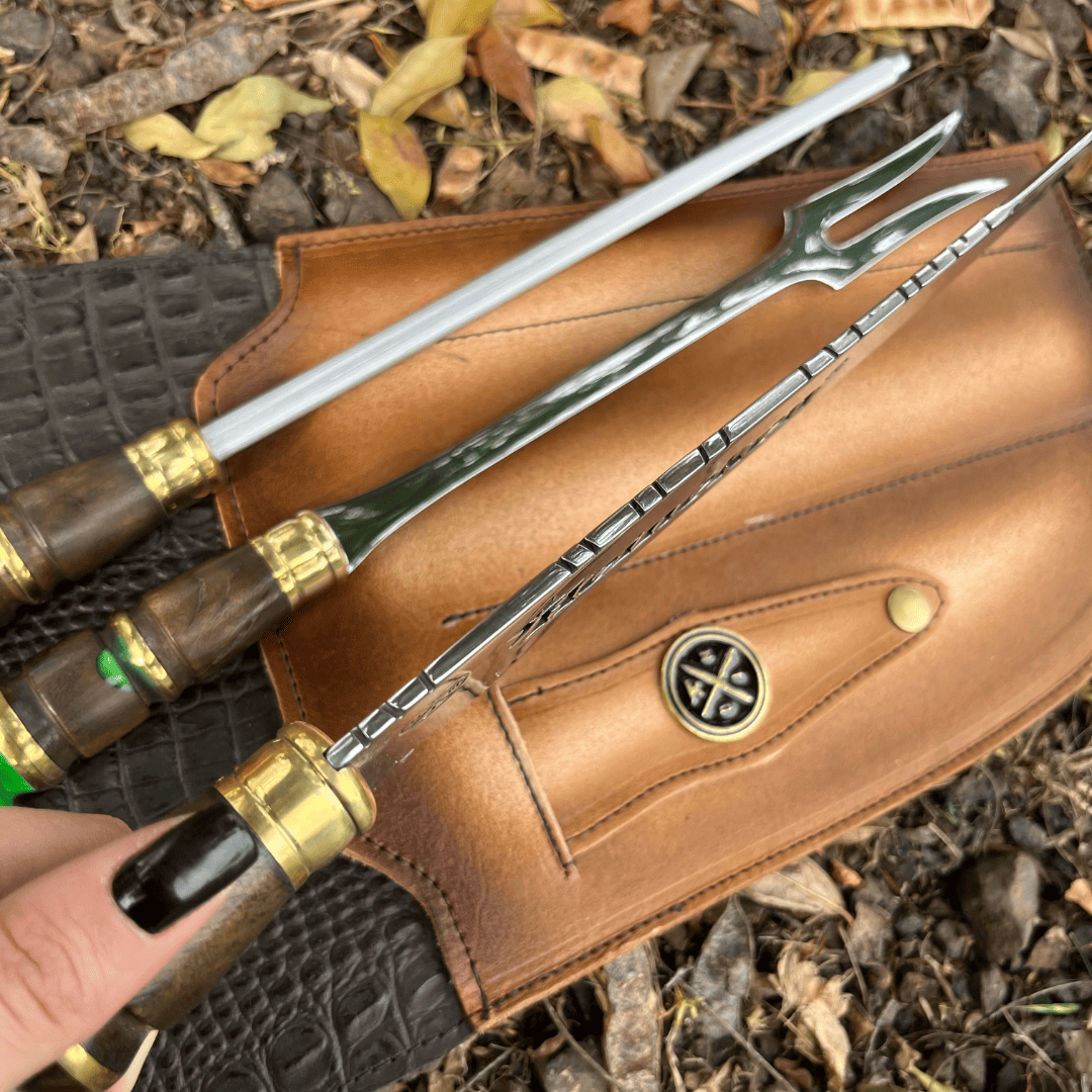 Kit Churrasco 3 Peças - Cabo Relíquia Esmeralda + Bainha