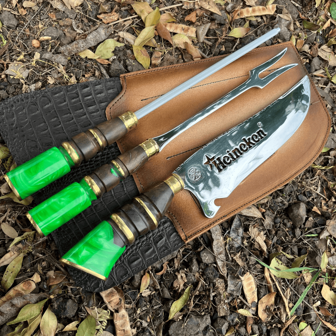 Kit Churrasco 3 Peças - Cabo Relíquia Esmeralda + Bainha